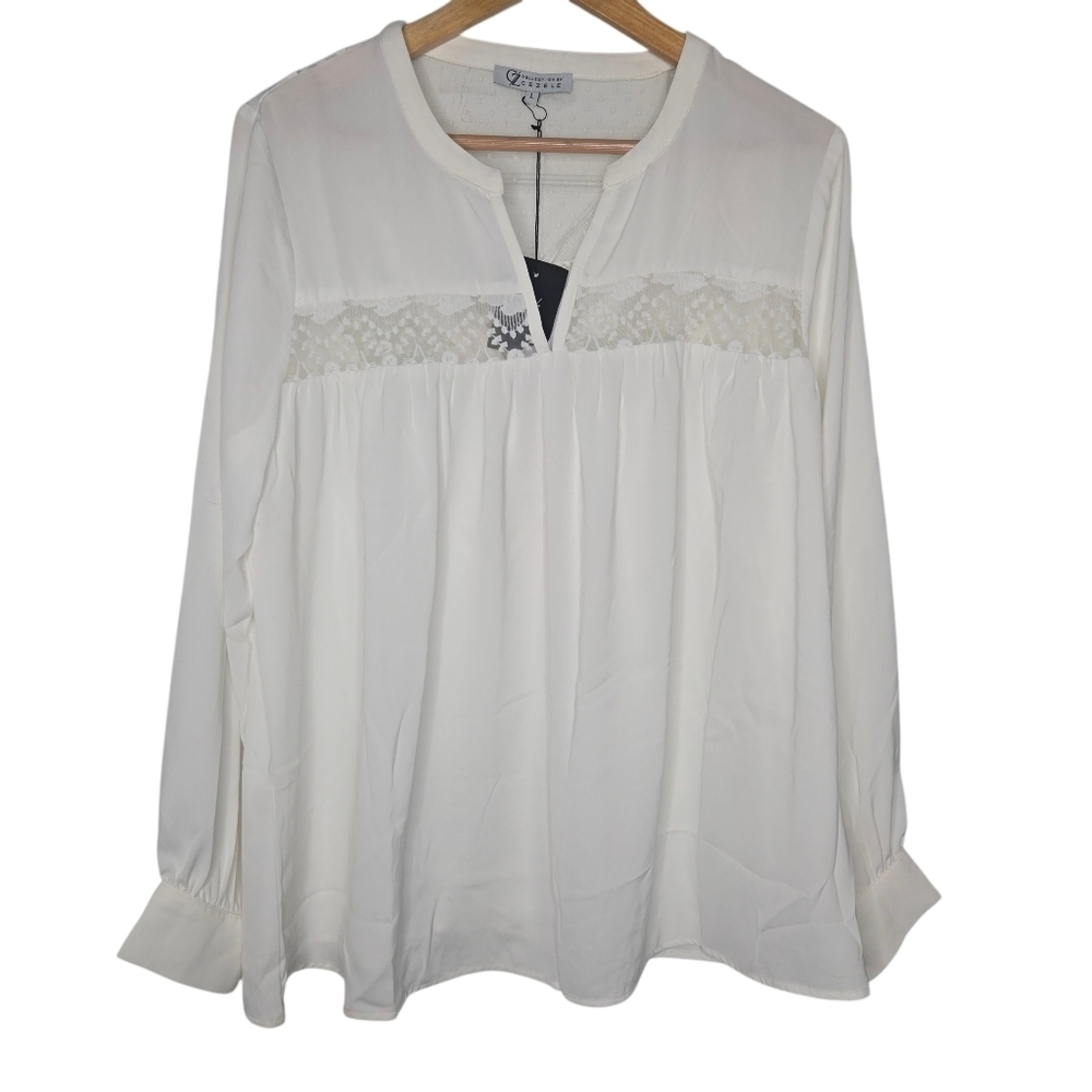 Cezele Womens White Floral Lace Sheer Panel Pink Tuck Blouse Size Large